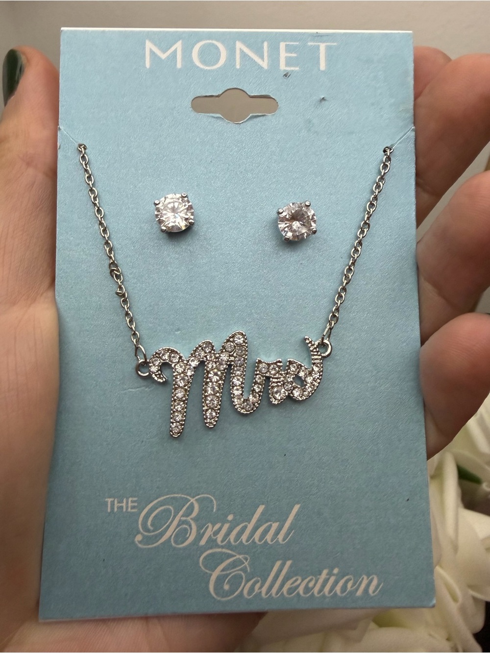 Monet Silver Crystal 'Mrs' Script Pendant Necklace with Stud Earrings
